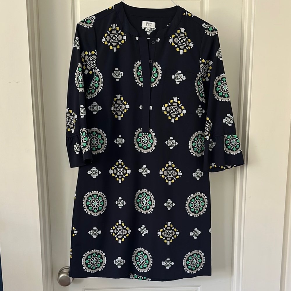 Crown & Ivy Black Sheath Dress with Blue Patterns